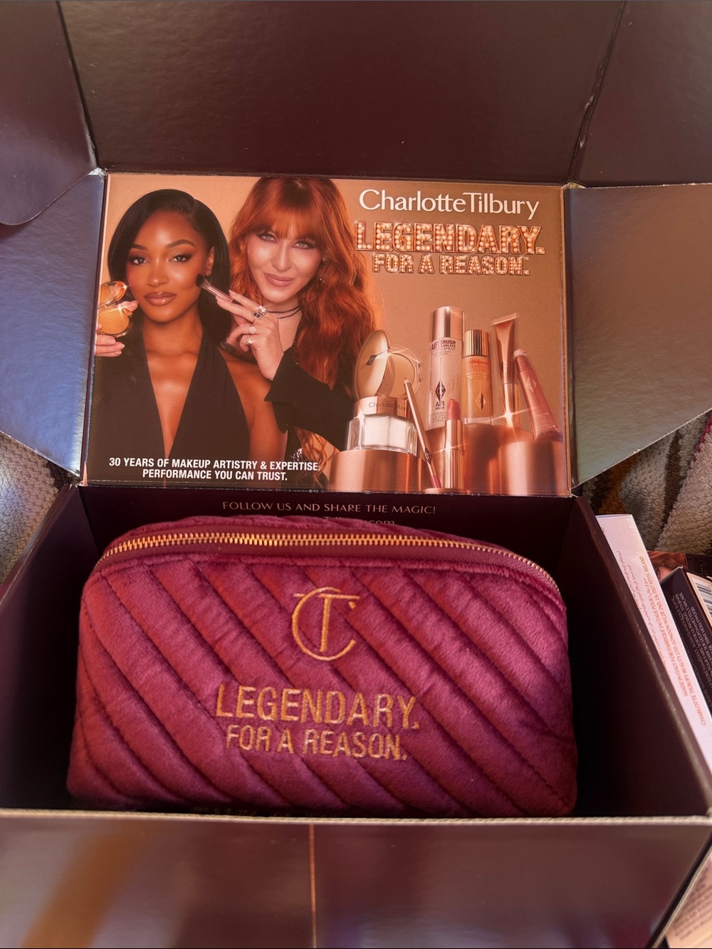 Charlotte Tilbury Quilted Cosmetic Pouch - Burgundy with Gold Embroidery